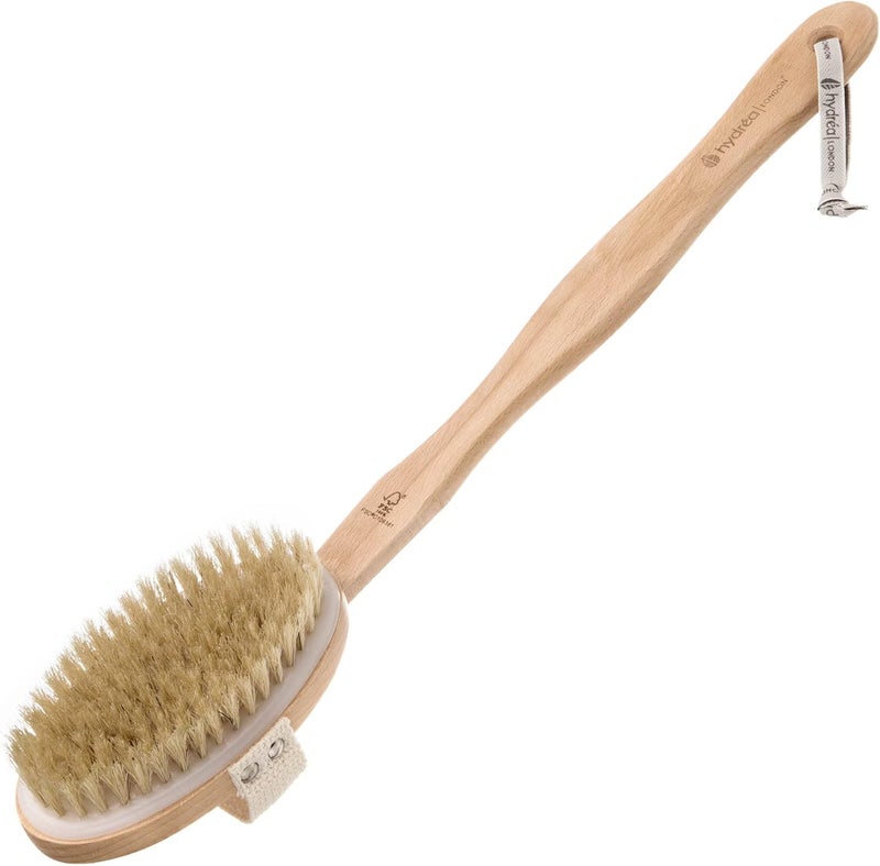 Hydrea London Natural Bristle Body Brush Back Scrubber with Removable Long Handle - Eco-Friendly Beechwood Exfoliating Shower Brush - Image 1