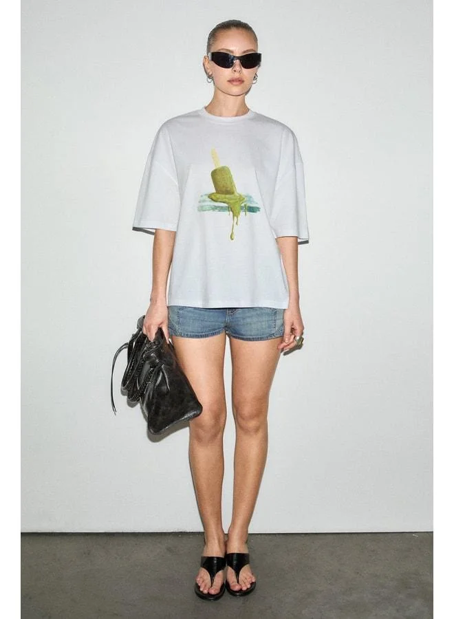 GRIMELANGE RIKI Women's Soft Fabric %100 Organic Cotton Round Neck Short Sleeve White T-Shirt.