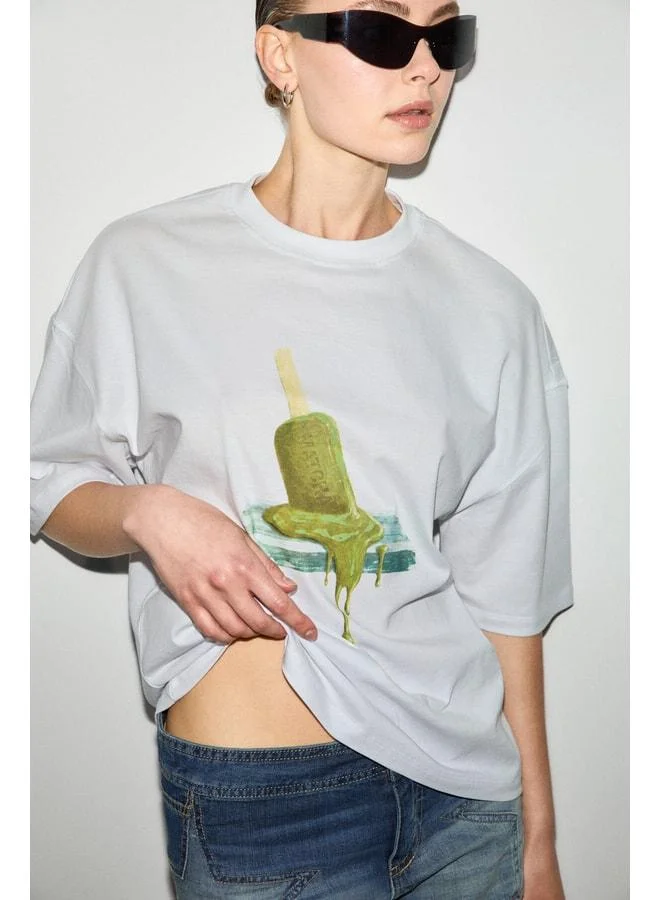 GRIMELANGE RIKI Women's Soft Fabric %100 Organic Cotton Round Neck Short Sleeve White T-Shirt.