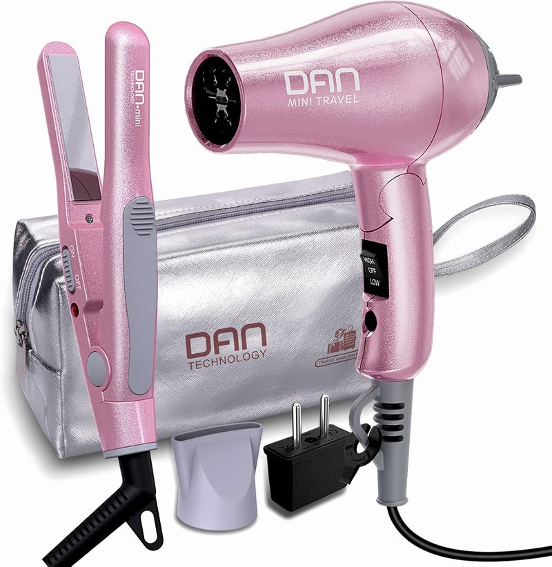 DAN Technology Flat Iron Blow Dryer Set Small Flat Irons with Travel case Concentrator Nozzle  EU Plug Adapter Dual Voltage  Folding Handle Pro Hair Dryer Set