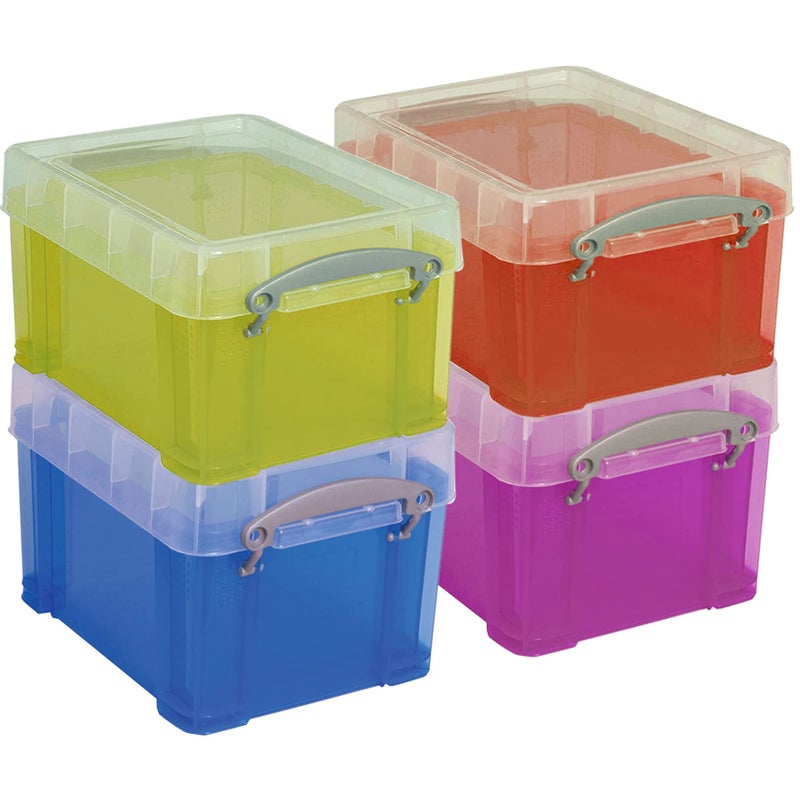1InTheOffice Plastic Storage Bin with Lid, Stackable Mini Container, Assorted Colors, Clear, 4 Pack - Image 1