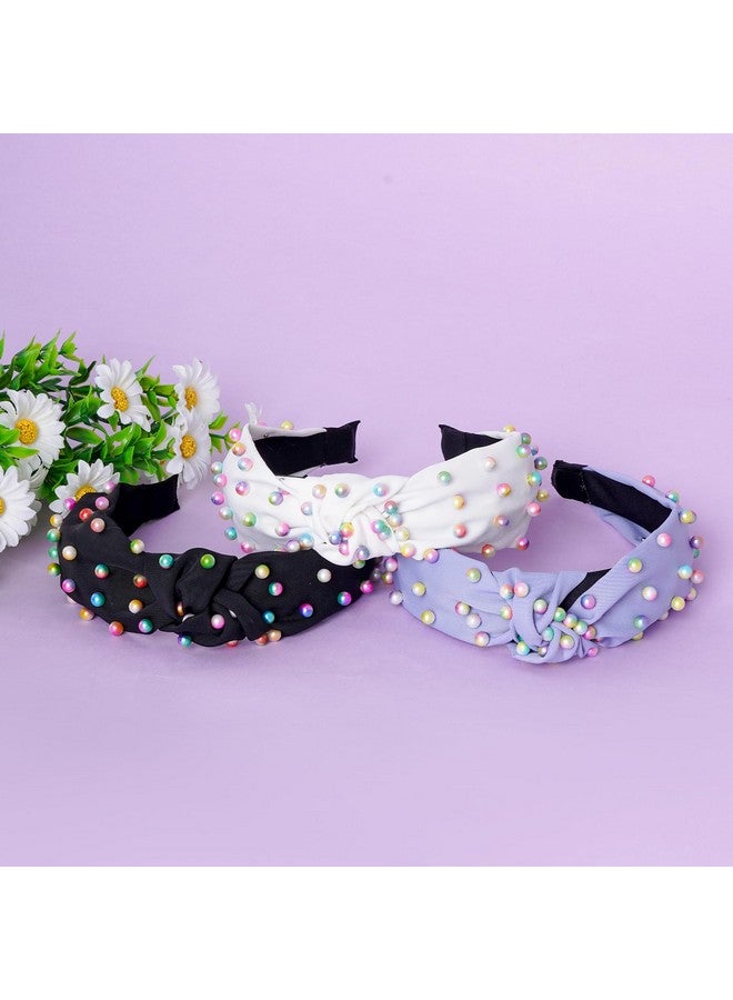 Sucrain 3 Pcs Pearl Knotted Headbands For Women Girls Colorful Jeweled Embellished Gem Faux Pearl Cross Knot Twisted Hairband Turban Headband Hair Accessories(Black,White,Blue) - Image 5