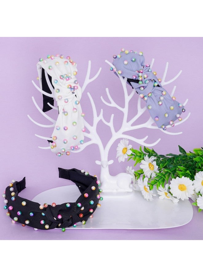 Sucrain 3 Pcs Pearl Knotted Headbands For Women Girls Colorful Jeweled Embellished Gem Faux Pearl Cross Knot Twisted Hairband Turban Headband Hair Accessories(Black,White,Blue) - Image 4