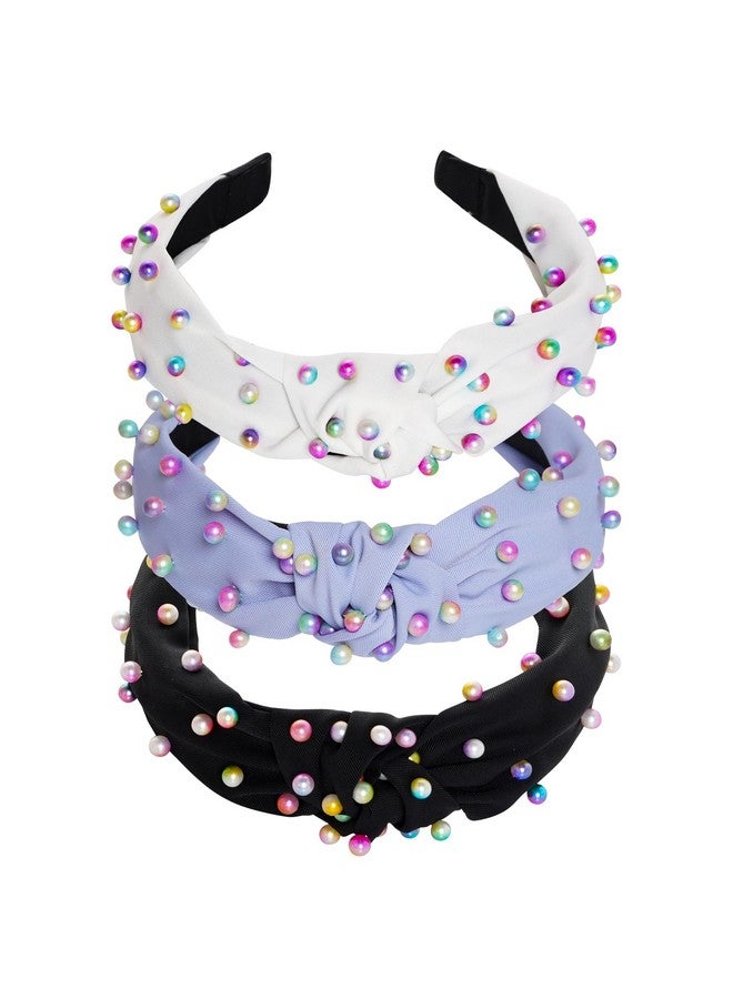 Sucrain 3 Pcs Pearl Knotted Headbands For Women Girls Colorful Jeweled Embellished Gem Faux Pearl Cross Knot Twisted Hairband Turban Headband Hair Accessories(Black,White,Blue) - Image 1