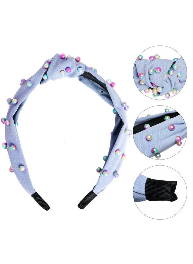 Sucrain 3 Pcs Pearl Knotted Headbands For Women Girls Colorful Jeweled Embellished Gem Faux Pearl Cross Knot Twisted Hairband Turban Headband Hair Accessories(Black,White,Blue) - Image 3