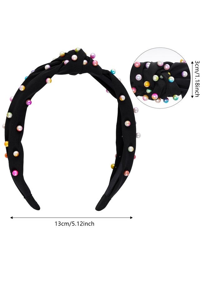 Sucrain 3 Pcs Pearl Knotted Headbands For Women Girls Colorful Jeweled Embellished Gem Faux Pearl Cross Knot Twisted Hairband Turban Headband Hair Accessories(Black,White,Blue) - Image 2
