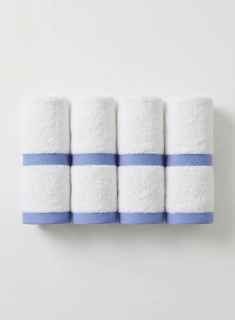 1 تشيس طقم مناشف يد مكون من 4 قطع - مناشف حمام ناعمة وماصة مصنوعة من القطن الخالص 100% بوزن 600 غرام/متر مربع، مزينة بخطوط زرقاء على الحواف، مناشف سميكة فاخرة للاستخدام المنزلي والمنتجعات الصحية والفنادق
