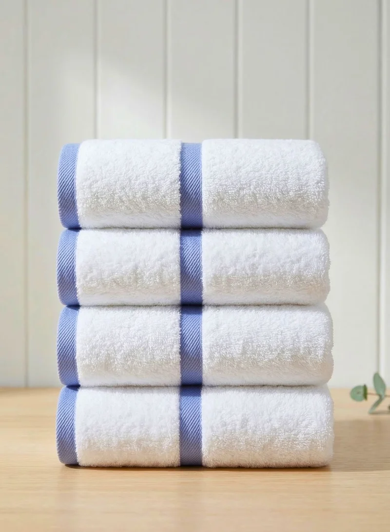 1 تشيس طقم مناشف يد مكون من 4 قطع - مناشف حمام ناعمة وماصة مصنوعة من القطن الخالص 100% بوزن 600 غرام/متر مربع، مزينة بخطوط زرقاء على الحواف، مناشف سميكة فاخرة للاستخدام المنزلي والمنتجعات الصحية والفنادق