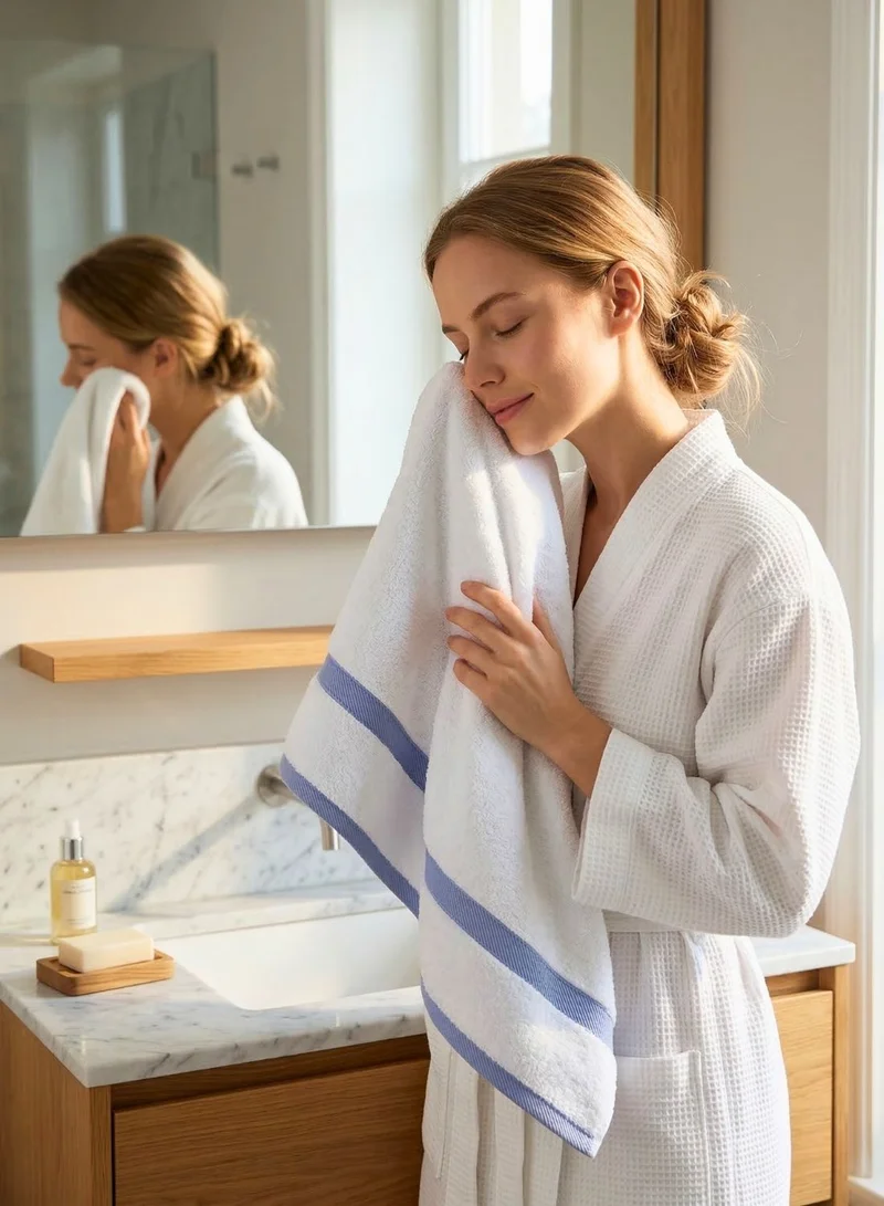 1Chase White/Blue Hand Towel 4-Piece  Set – 100% Cotton 600 GSM Soft & Absorbent Bathroom Towels with Blue Border Stripe, Premium Thick Towels for Home, Spa & Hotel Use  | Best Price UAE