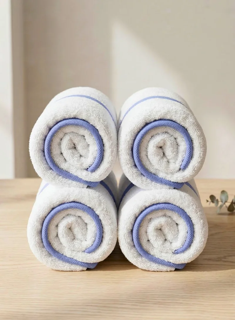 1Chase White/Blue Hand Towel 4-Piece  Set – 100% Cotton 600 GSM Soft & Absorbent Bathroom Towels with Blue Border Stripe, Premium Thick Towels for Home, Spa & Hotel Use  | Best Price UAE