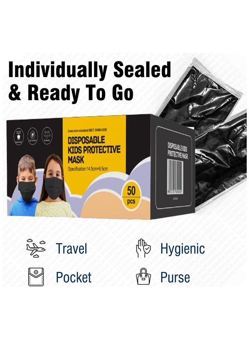 Dada Dada Individually Packaged 3 Layer Disposable Protective Face Mask, Premium Quality Face Mask with Elastic Ear Loop. Specially Designed for Kids (50pcs Individually Wrapped/ box) (Classic Black)  - Image 2