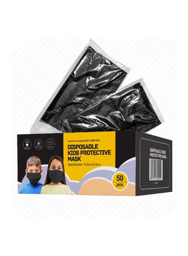 Dada Dada Individually Packaged 3 Layer Disposable Protective Face Mask, Premium Quality Face Mask with Elastic Ear Loop. Specially Designed for Kids (50pcs Individually Wrapped/ box) (Classic Black)  - Image 1