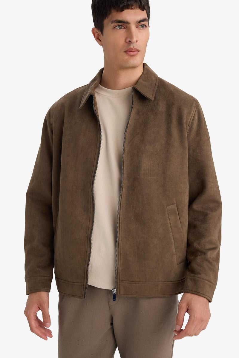 DeFacto Regular Fit Polo Collar Lined Zip-Up Suede Jacket - Image 1