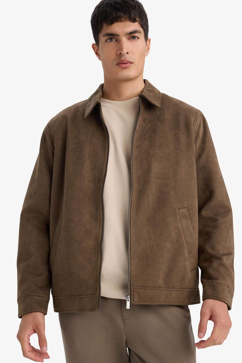 DeFacto Regular Fit Polo Collar Lined Zip-Up Suede Jacket - Image 3