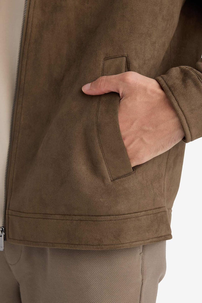 DeFacto Regular Fit Polo Collar Lined Zip-Up Suede Jacket - Image 4