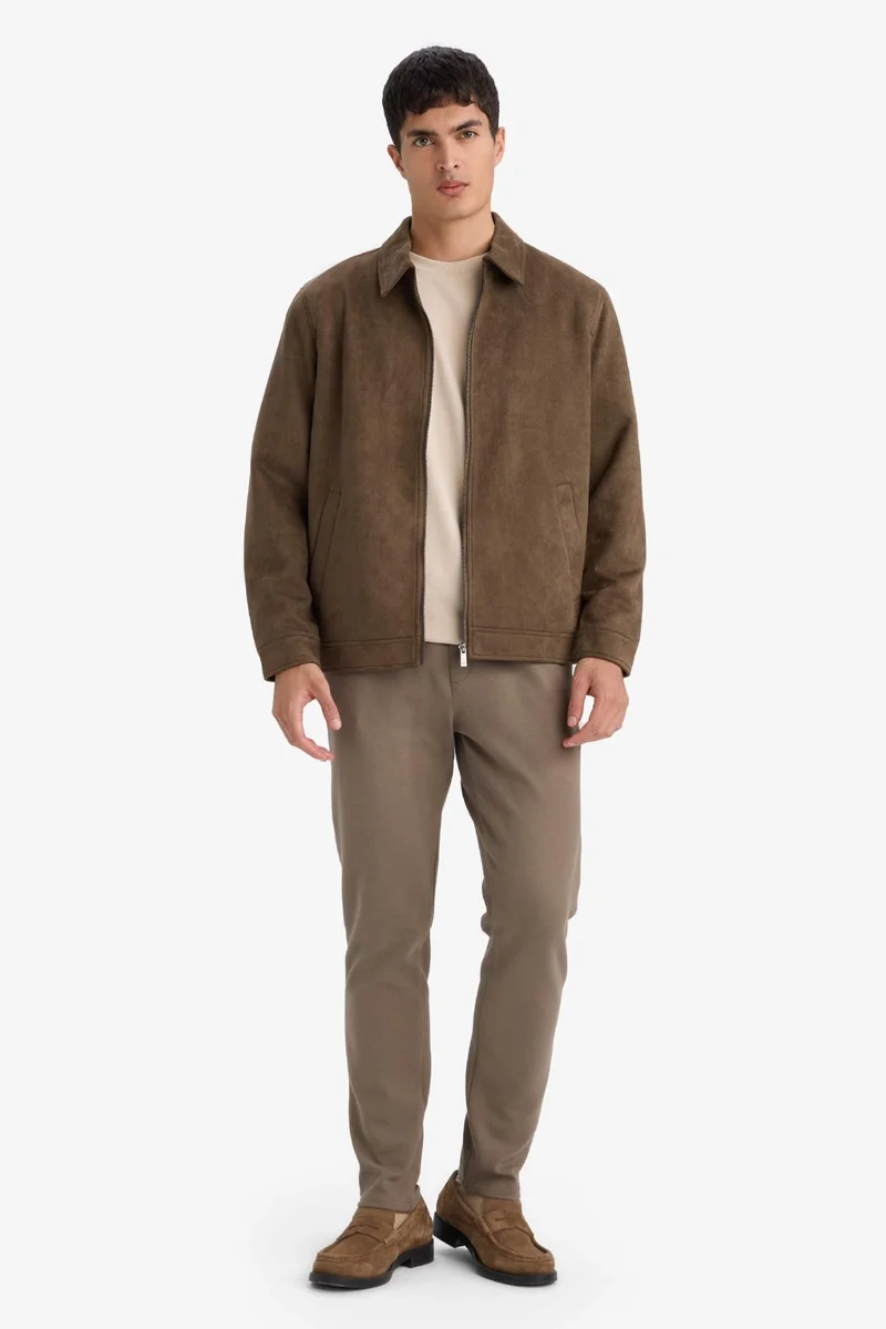 ديفاكتو Regular Fit Polo Collar Lined Zip-Up Suede Jacket