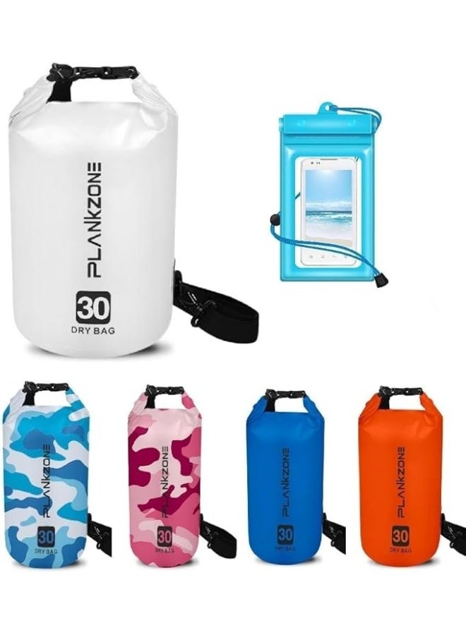 Plankzone Waterproof Dry Bag Roll Top Compression Sack, 30L, White, Lightweight, Foldable, with Floating Waterproof Phone Pouch, for Kayaking, Beach, Rafting, Boating, Hiking, Camping, Fishing - Image 1