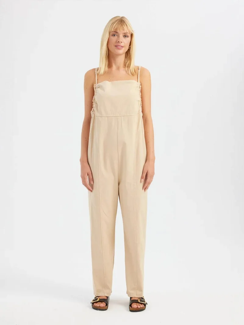 HICCUP Square Neck Strappy Straight Leg Cotton Jumpsuit