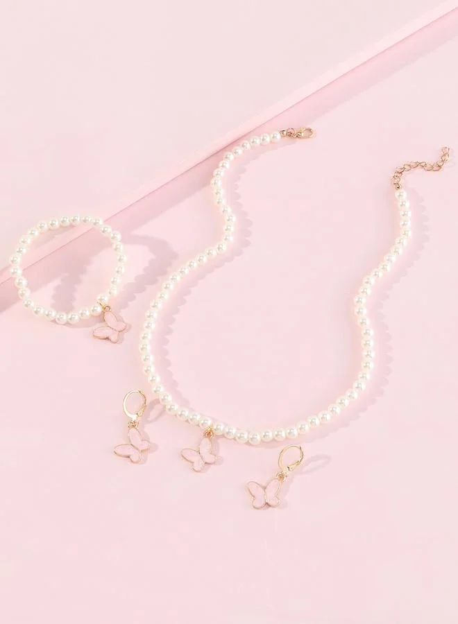 Take Two Girls Light Pink Butterfly Charm Pearl Necklace, Bracelet and Earrings Set