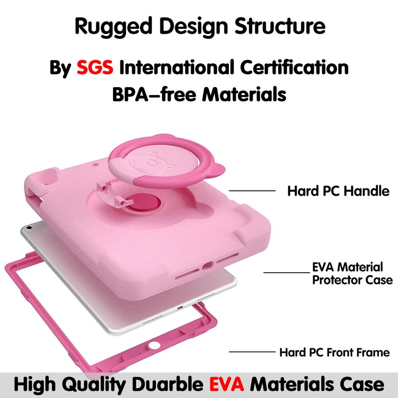 PZOZ iPad Kids Case Compatible for iPad 9th 2021 /8th 2020 /7th 2019 Generation 10.2 in, EVA Shockproof Rotate Handle Folding Stand Heavy Duty Protective Cute Cover for Boys Girls (Pink) - Image 3