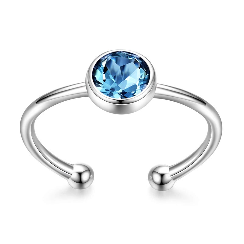 AOBOCO 925 Solid Sterling Silver Rings March Birthstone Ring Simulated Aquamarine Adjustable Ring for Women Stackable Wrap Open Ring, Crystals from Austria - Image 3