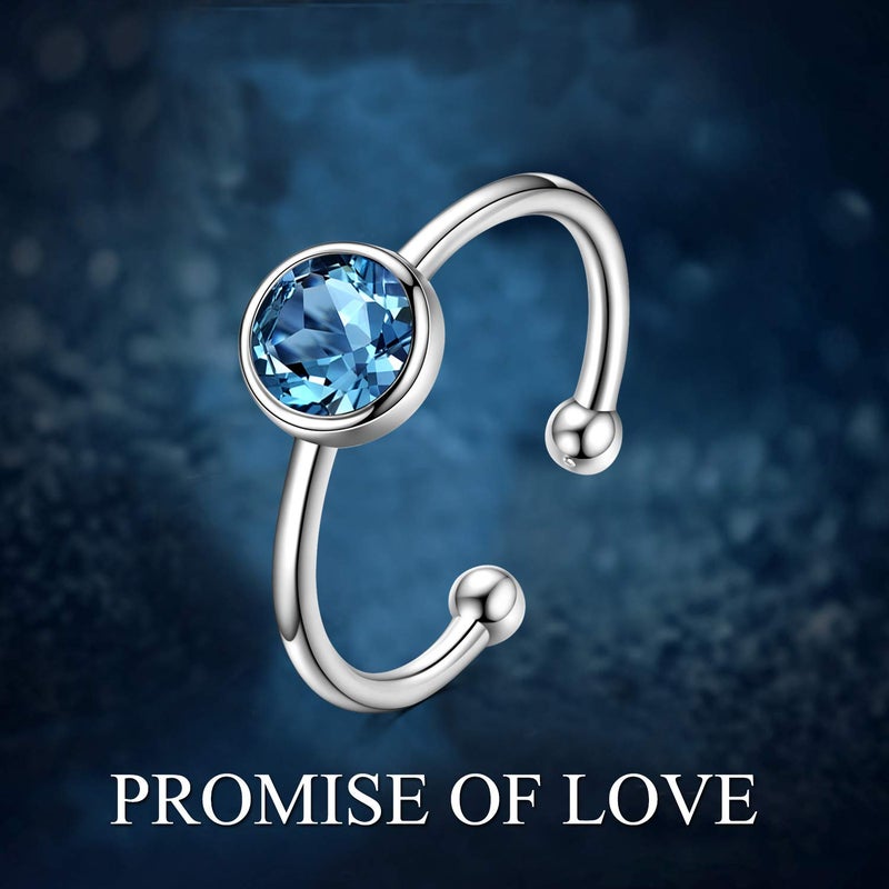 AOBOCO 925 Solid Sterling Silver Rings March Birthstone Ring Simulated Aquamarine Adjustable Ring for Women Stackable Wrap Open Ring, Crystals from Austria - Image 5