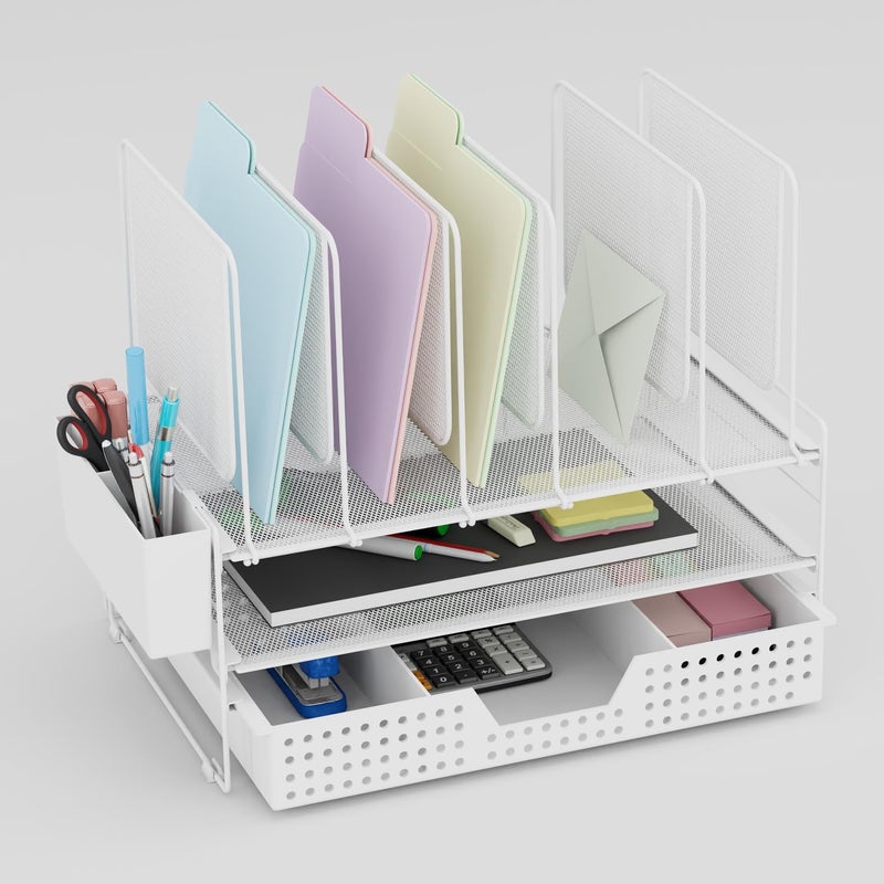 LEKETREE Desk Organizer, Office Organization with Vertical File Holder, File Organizer with Drawer and Pen Holder, Desk Accessories and Workspace Organizers for Home Office (White) - Image 1