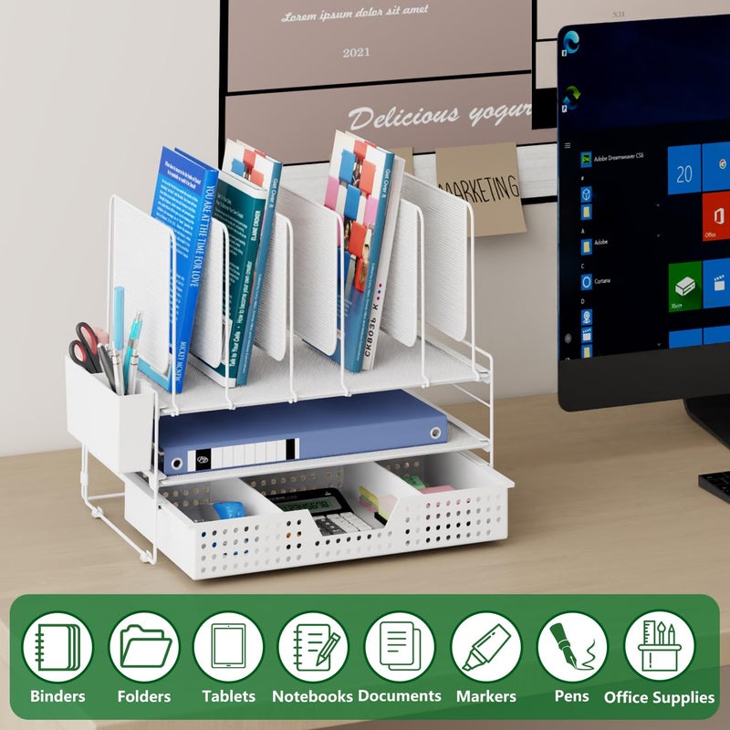 LEKETREE Desk Organizer, Office Organization with Vertical File Holder, File Organizer with Drawer and Pen Holder, Desk Accessories and Workspace Organizers for Home Office (White) - Image 2