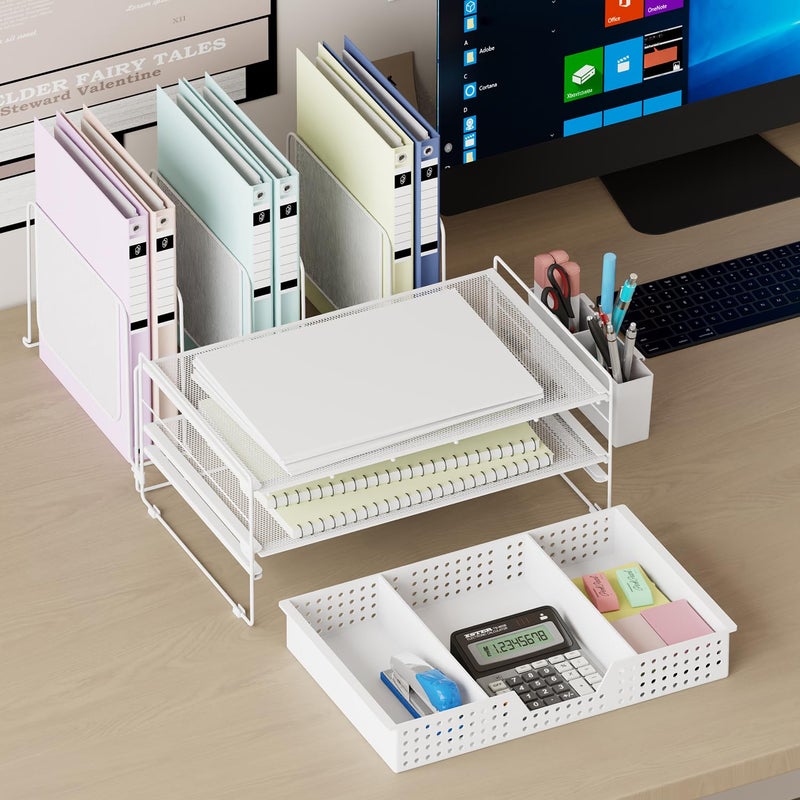 LEKETREE Desk Organizer, Office Organization with Vertical File Holder, File Organizer with Drawer and Pen Holder, Desk Accessories and Workspace Organizers for Home Office (White) - Image 3
