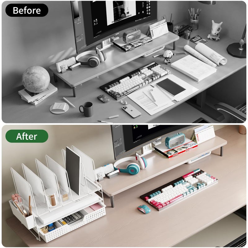 LEKETREE Desk Organizer, Office Organization with Vertical File Holder, File Organizer with Drawer and Pen Holder, Desk Accessories and Workspace Organizers for Home Office (White) - Image 4