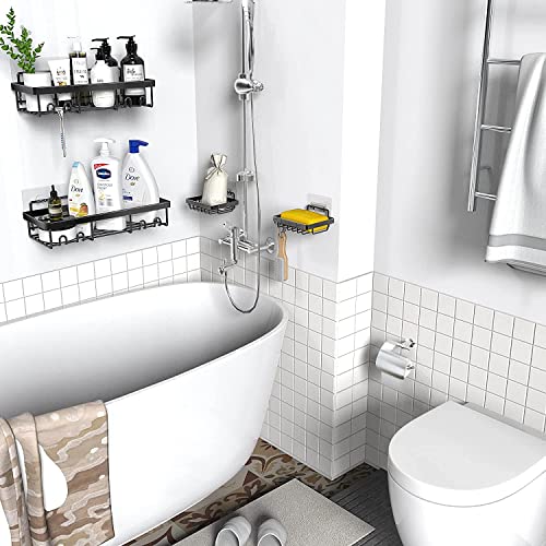 iSTAR Metal Self Adhesive Wall Mount Bathroom Rack Shelf Hanging Shelves with Hooks No Drilling Storage Racks Accessories Set for Home Rustproof 2 Bathroom Shelf 2 Soap Dishes with 4 Sticker - Image 2