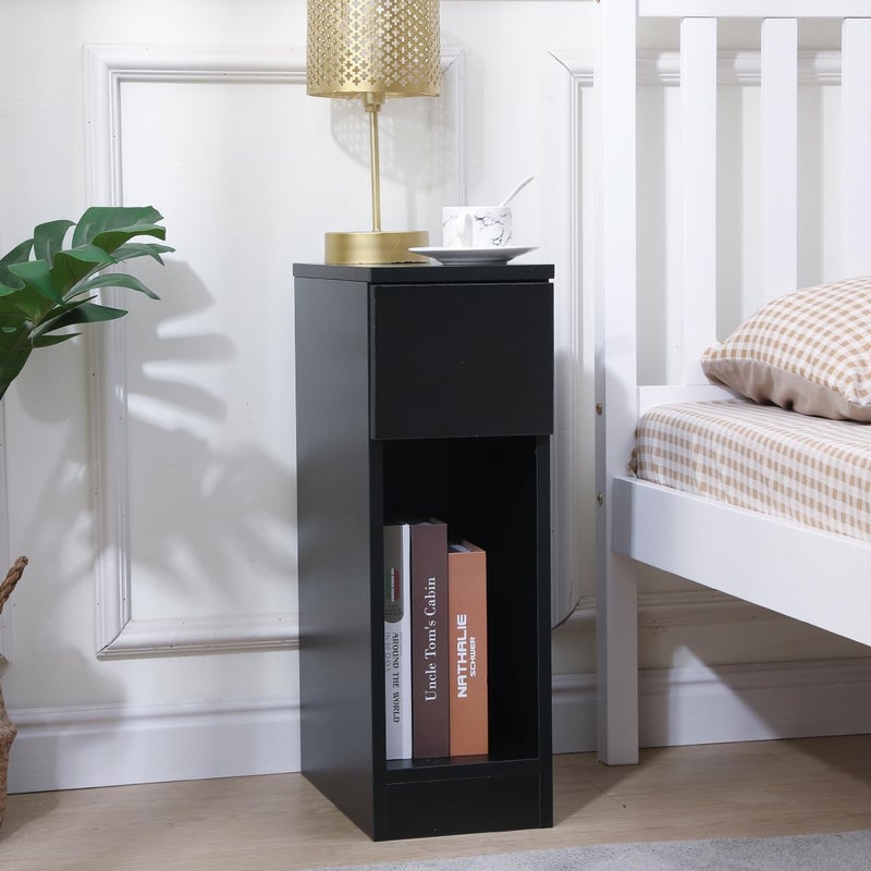 Pantanal Slim Wood Bedside Table Bedroom Nightstand with Shelf and Drawer Narrow Bathroom Small Floor Storage Cabinet Living Room End Table Sofa Side Table Black