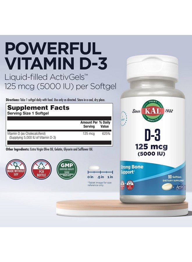 KAL Vitamin D3 5000 IU Softgels (125 mcg), Active Form of Vitamin D, Calcium Absorption, Bone Health, Immune Support Supplement, Liquid Filled ActivGels, Made Without Soy, 90 Servings, 90 Softgels - Image 3