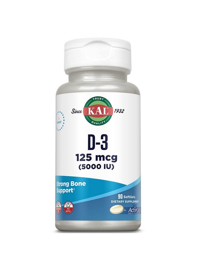 KAL Vitamin D3 5000 IU Softgels (125 mcg), Active Form of Vitamin D, Calcium Absorption, Bone Health, Immune Support Supplement, Liquid Filled ActivGels, Made Without Soy, 90 Servings, 90 Softgels - Image 1