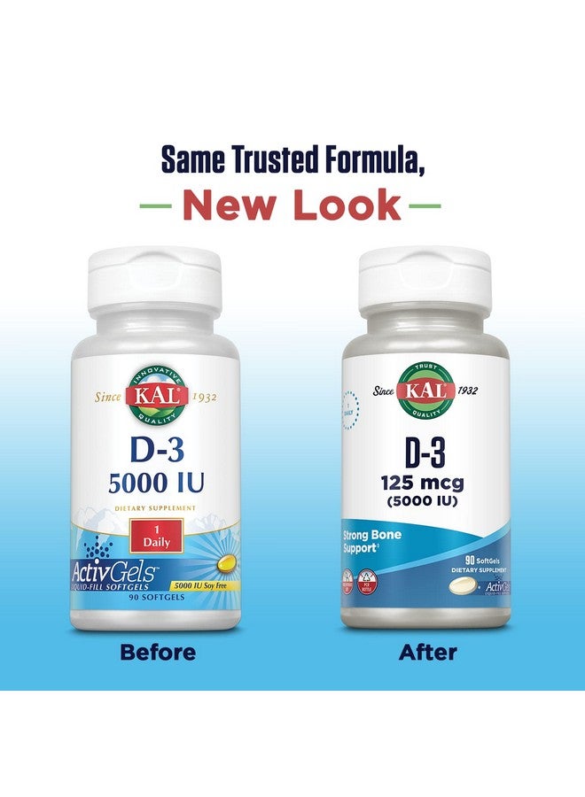 KAL Vitamin D3 5000 IU Softgels (125 mcg), Active Form of Vitamin D, Calcium Absorption, Bone Health, Immune Support Supplement, Liquid Filled ActivGels, Made Without Soy, 90 Servings, 90 Softgels - Image 2