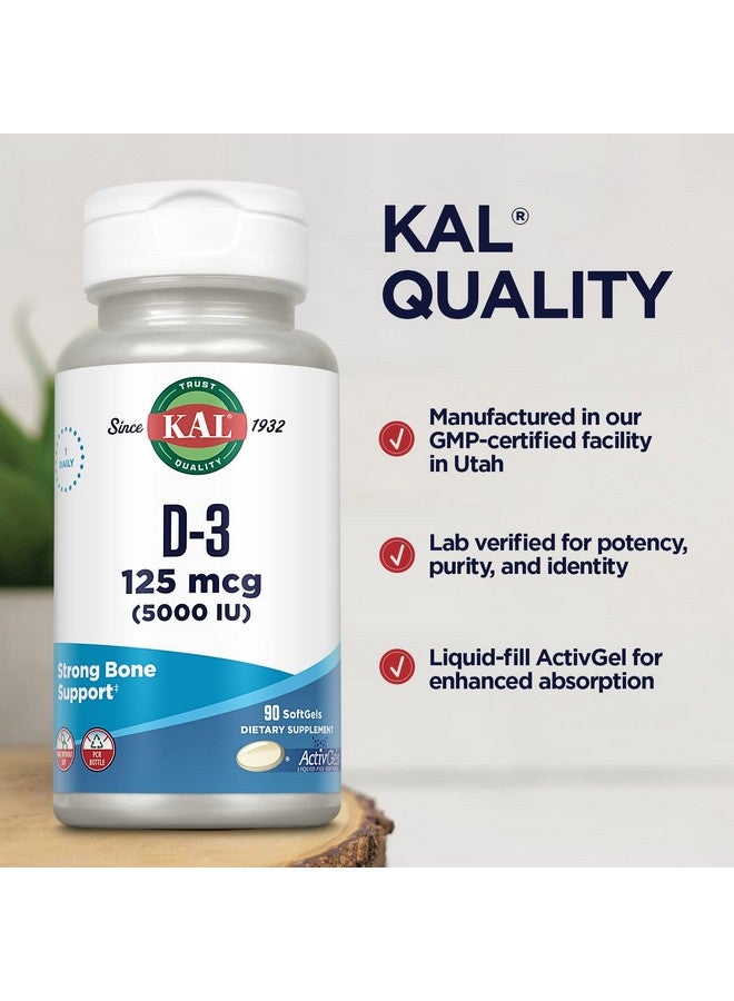 KAL Vitamin D3 5000 IU Softgels (125 mcg), Active Form of Vitamin D, Calcium Absorption, Bone Health, Immune Support Supplement, Liquid Filled ActivGels, Made Without Soy, 90 Servings, 90 Softgels - Image 5