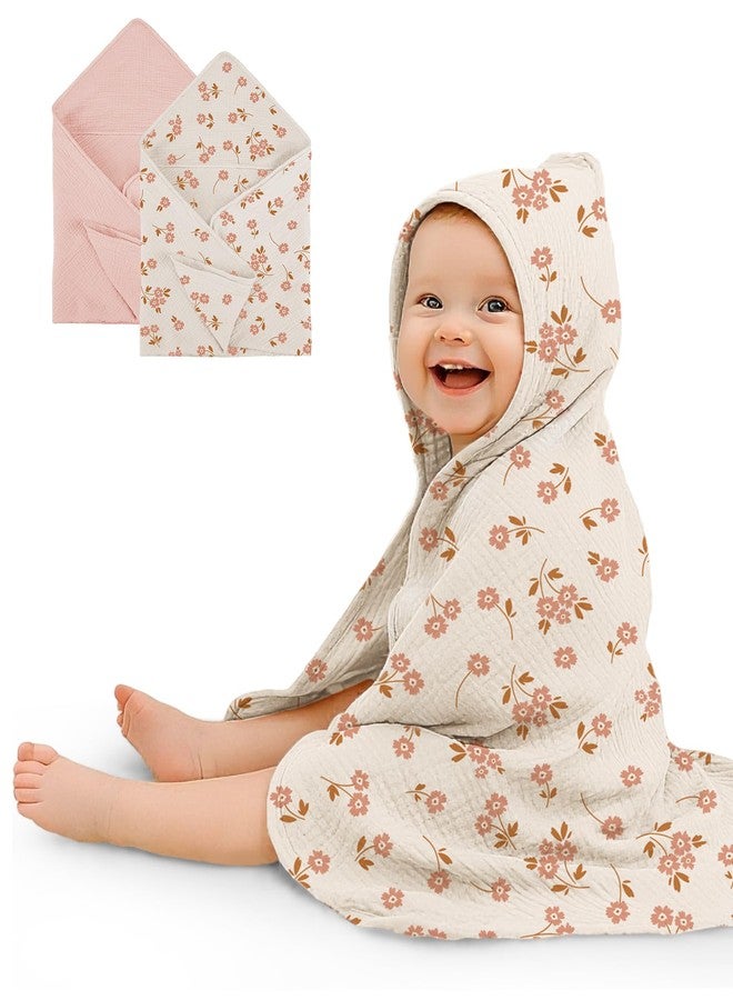 Wimist Hooded Baby Towels 2 Pack, Muslin Baby Bath Towels with Hood for Newborn Infant and Toddler, Soft Breathable & Absorbent, 32" x 32" (Floral & Pink, Heavyweight) - Image 1