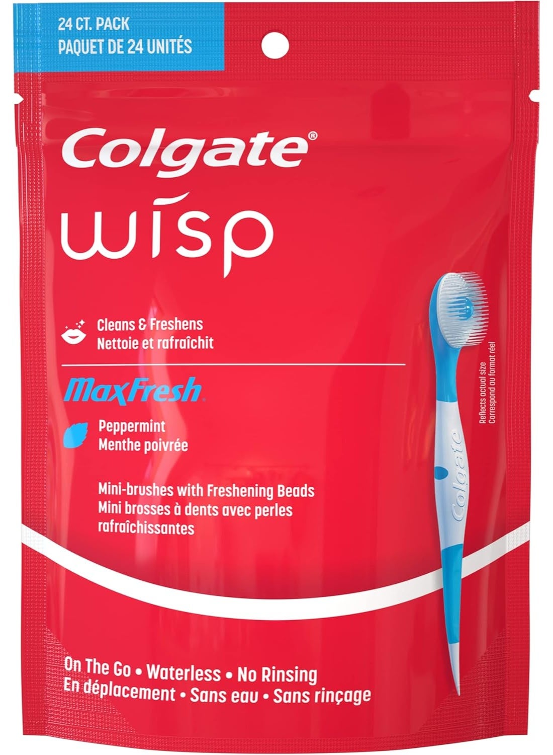 Colgate MaxFresh Wisp Disposable Mini Toothbrush, Built-in Freshening Bead, Peppermint Flavor for Instant Fresh Breath, No Water Required, Perfect for Travel and Braces, 24 Count