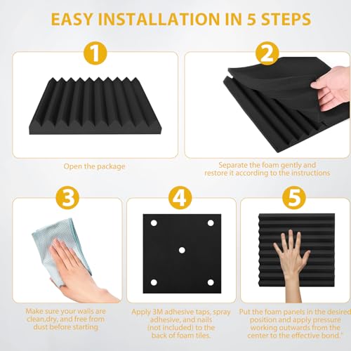Saiqiang Acoustic Foam Panels 48 Pack 1" x 12"x 12" Saiqiang Black Soundproofing Panels Wedges for Wall Noise Absorbing and Sound-Damping Fire-Resistant Sound Proof for Studio, Gaming Room - Image 4
