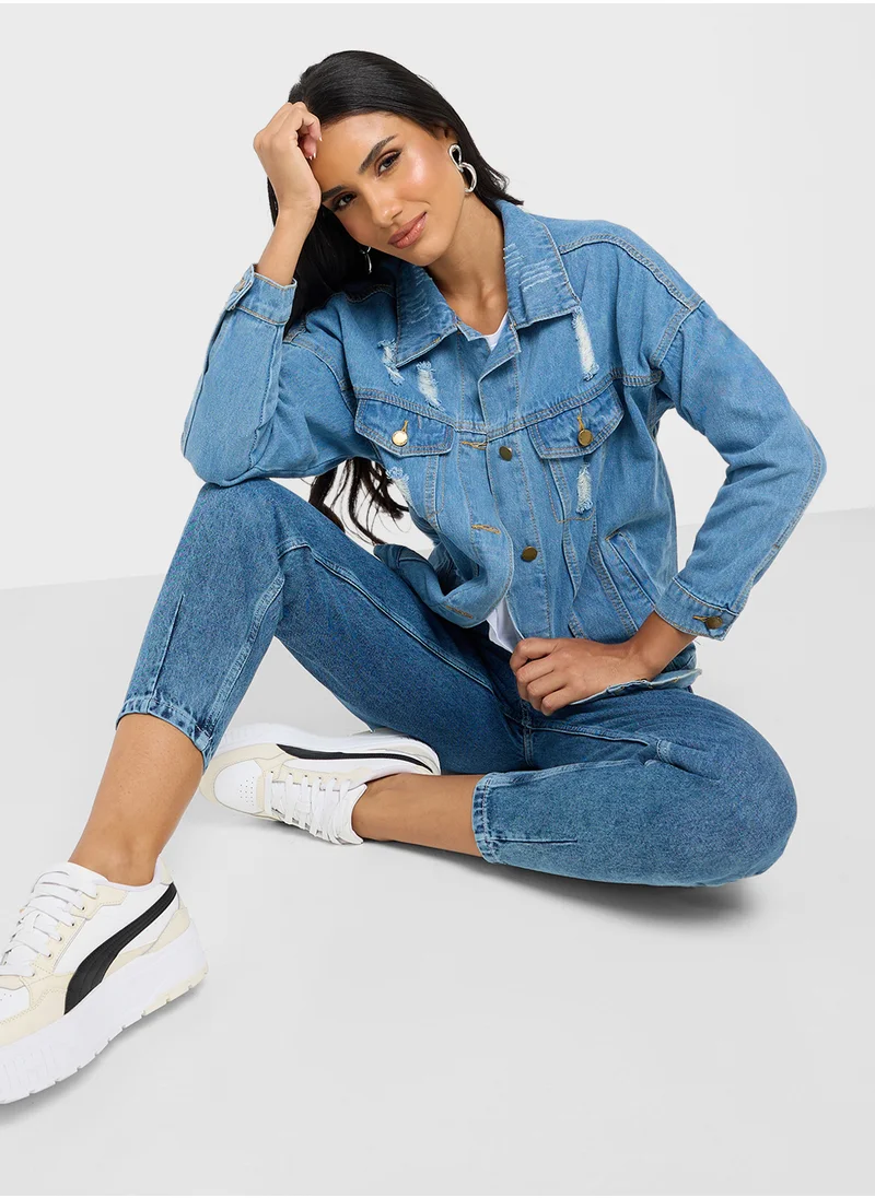 Ginger Cropped Distressed Denim Jacket