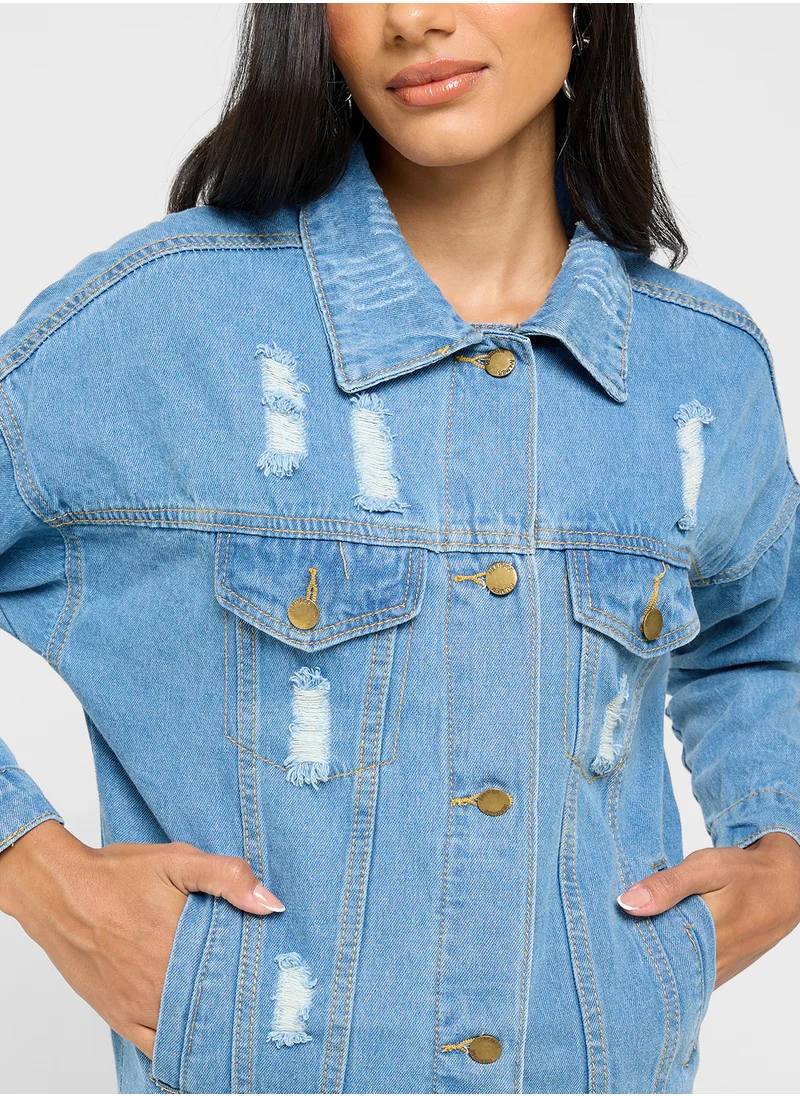 Ginger Cropped Distressed Denim Jacket