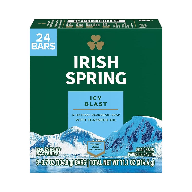 Irish Spring Icy Blast Bar Soap for Men Mens Soap Smell Fresh and Clean 12 Hours Men Bars Washing Hands Body Mild Skin Recyclable Carton 24 Pack 37 Oz