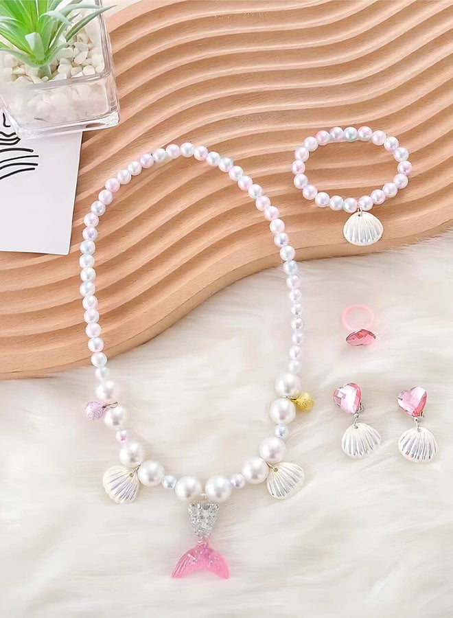 MARGOUN Mermaid Jewelry Set for Little Girls Princess Mermaid Stretchy Necklace Bracelet Earrings Ring Kids Pretend and Dress Up Jewelry for Toddlers Aged 2 3 4 5 Gift White  - Image 1