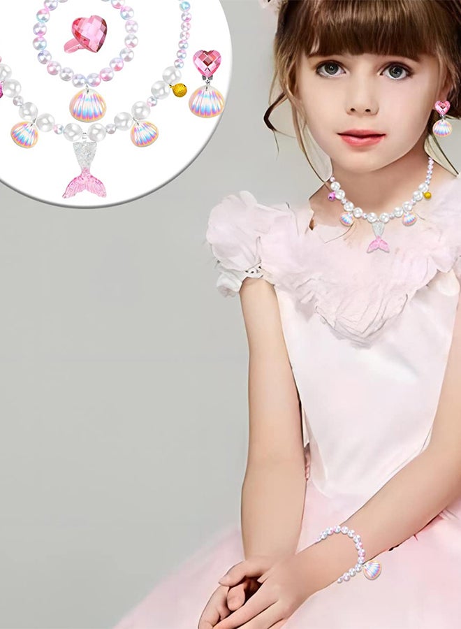 MARGOUN Mermaid Jewelry Set for Little Girls Princess Mermaid Stretchy Necklace Bracelet Earrings Ring Kids Pretend and Dress Up Jewelry for Toddlers Aged 2 3 4 5 Gift White  - Image 2