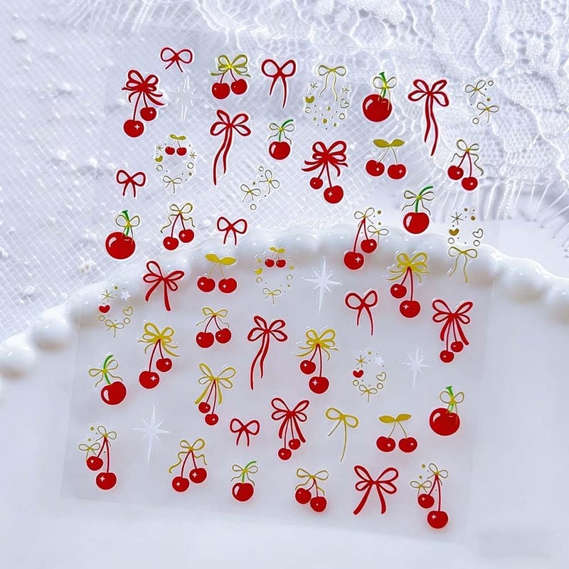 Maigitur 6Sheets Fruits Nail Stickers Red Cherry Bow Nail Decals Cute Bowknot Nail Designs Gold Butterfly Nails Supplies 3D Self-Adhesive Polka Dots Spring Summer Nails Art Stickers for Women DIY Manicure - Image 4