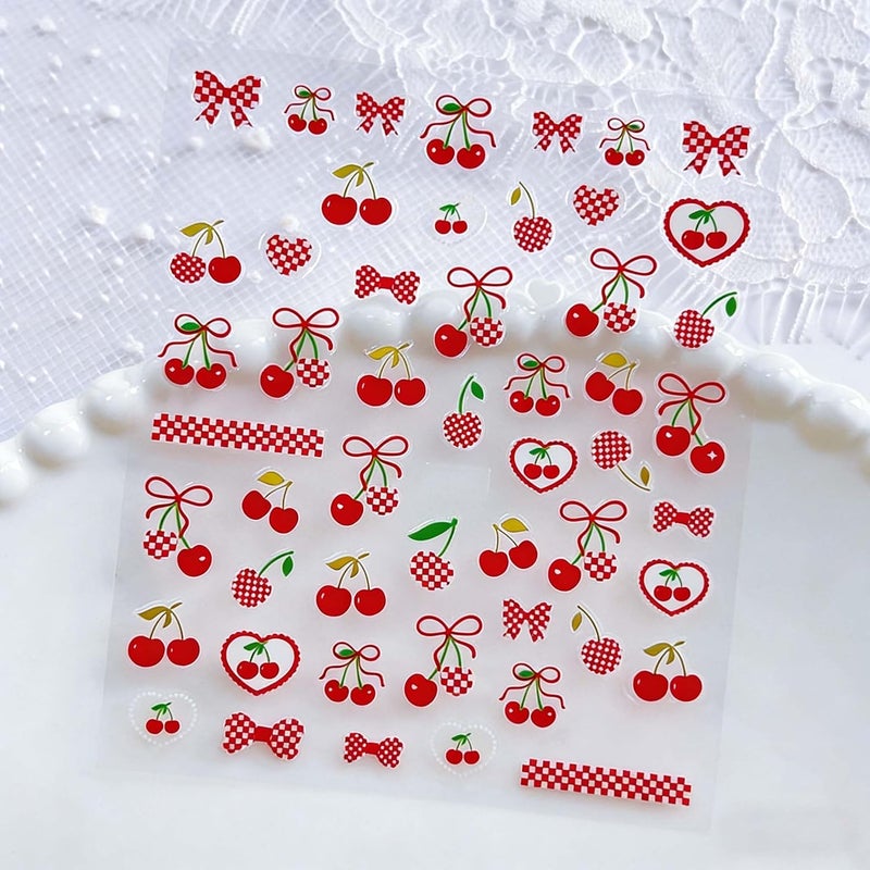 Maigitur 6Sheets Fruits Nail Stickers Red Cherry Bow Nail Decals Cute Bowknot Nail Designs Gold Butterfly Nails Supplies 3D Self-Adhesive Polka Dots Spring Summer Nails Art Stickers for Women DIY Manicure - Image 2