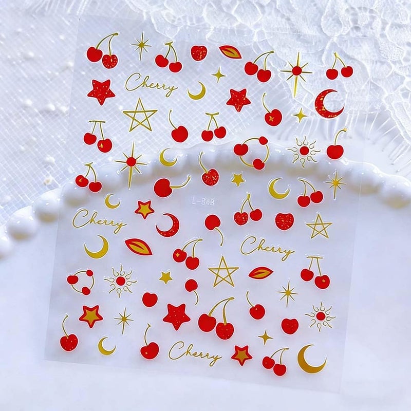 Maigitur 6Sheets Fruits Nail Stickers Red Cherry Bow Nail Decals Cute Bowknot Nail Designs Gold Butterfly Nails Supplies 3D Self-Adhesive Polka Dots Spring Summer Nails Art Stickers for Women DIY Manicure - Image 5