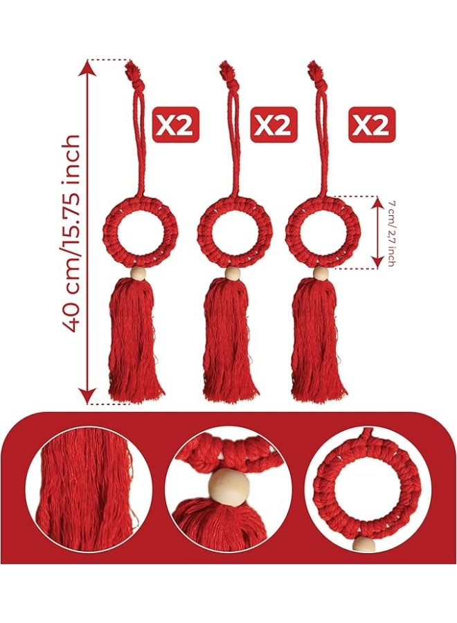 Antikiano Boho Christmas Decorations Xmas Ornaments Set Wall Hanging Macrame Wall Hanging Boho Christmas Ornaments Pendant Winter Christmas Farmhouse Decor Door Windows (6Pcs Red) - Image 3