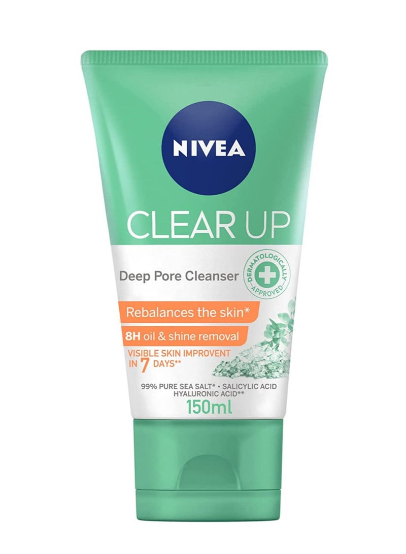 NIVEA Face Wash Deep Pore Cleanser, Clear Up Anti-Acne Sea Salt, Salicylic & Hyaluronic Acid, 150ml