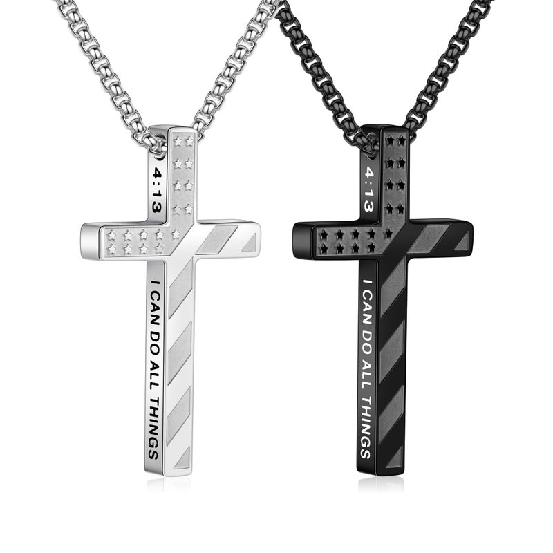 M MOOHAM Easter Gifts for Men Boys Cross Necklace - Silver Black Stainless Steel Bible Verse Cross Chain Pendant Necklaces for Men Teen Boy American Flag Religious Christian Jewelry Gift 20 Inches - Image 1